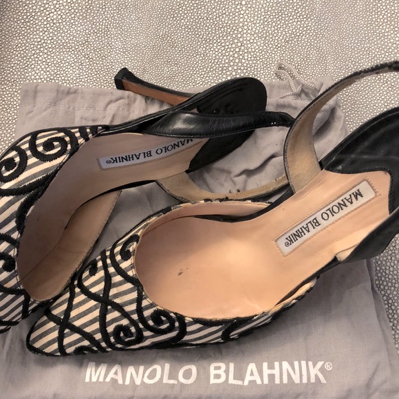 Manolo Blahnik Shoes - 🍀💰MANOLO BLAHNIK Heels 3.5”heel, Size 36.5, Black/White Stripe with Embroidery